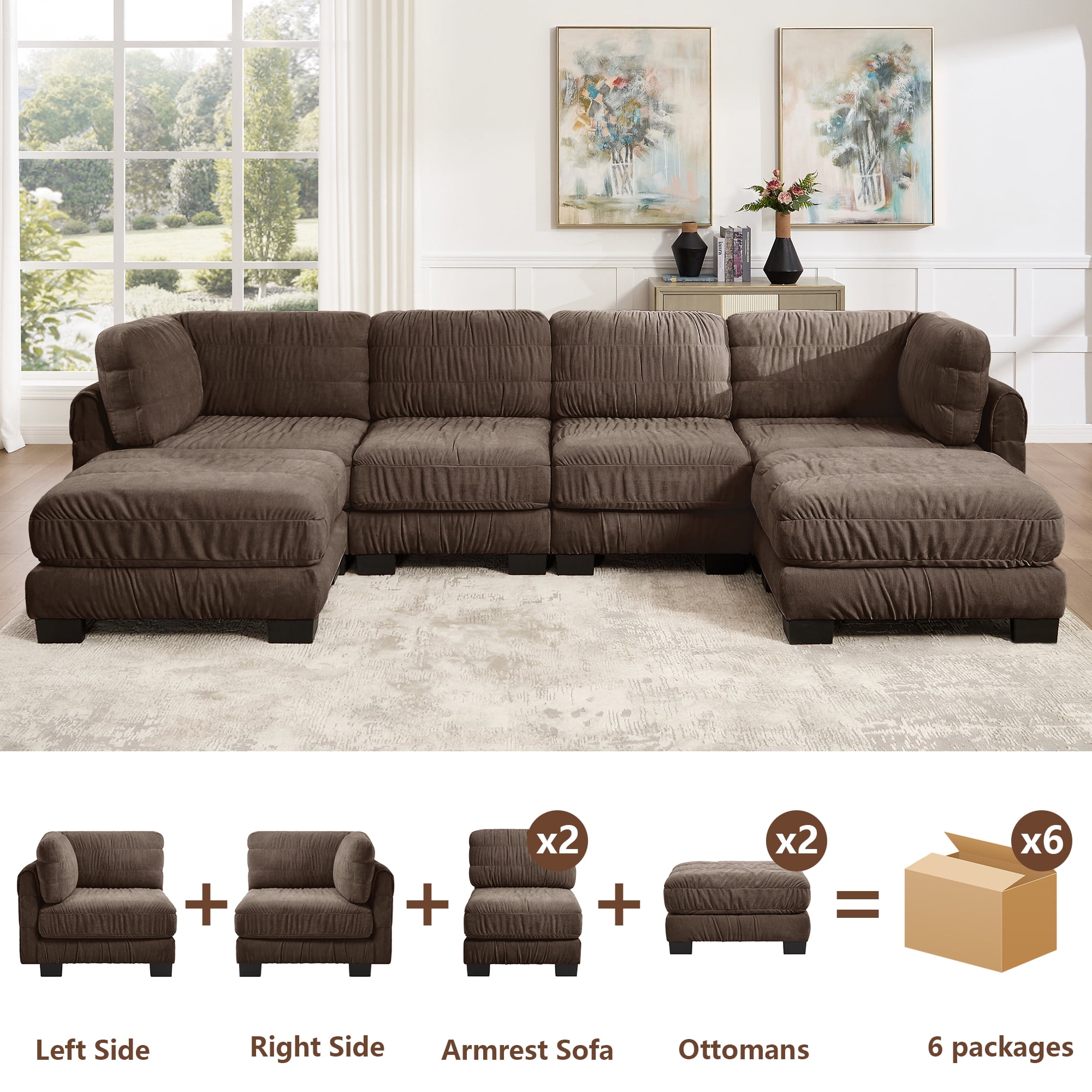 140" U Shape 4 Seat Ruched Chenille Modular Sectional Sofa with 2 Movable Ottomans,Easy Assembly