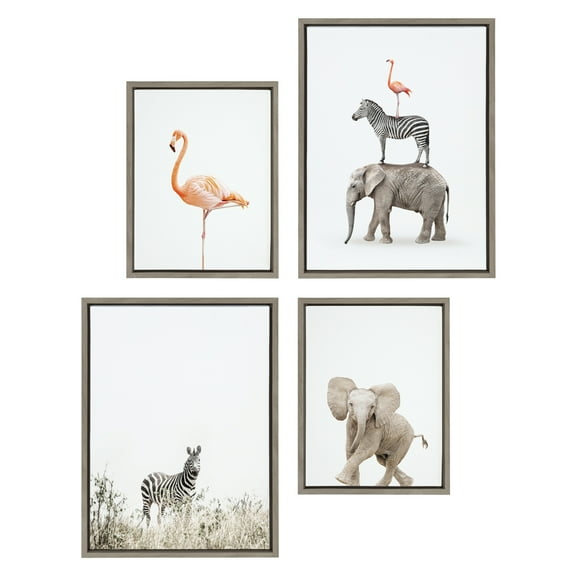 Kate and Laurel Sylvie Zebra in Tall Grass, Flamingo Standing, Baby Elephant Walk and Safari Animals Framed Canvas Wall Art Set by Amy Peterson Art Studio, 4 Piece Set Gray, Simple Animal Art for Wall