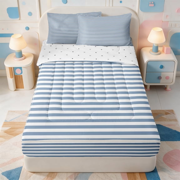 Erosebridal Minimalist Stripe Zipper Twin Comforter Sets with Fitted Sheet and 2 Pillowcases,Linear Striped Zipper Bedding Set,Reversible,4-Piece