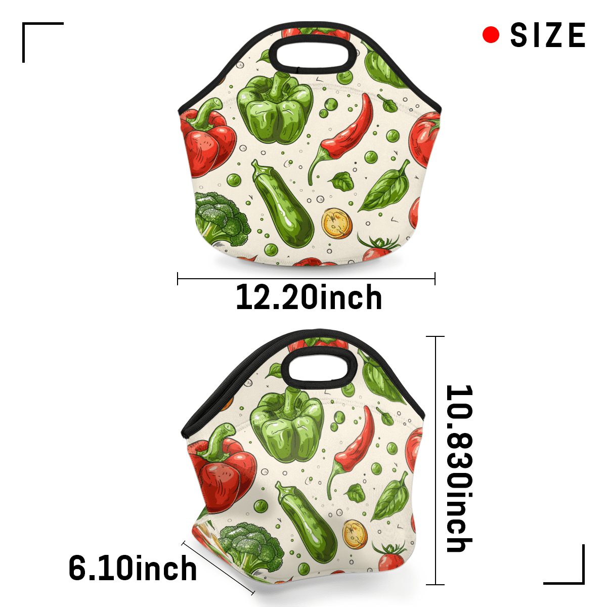 Herdesigns Food Neoprene Lunch Bag, Vegetable Insulated Lunch Box for Women Men Washable Lunch Tote Soft Lunch Container With Zipper for Work Picnic Travel