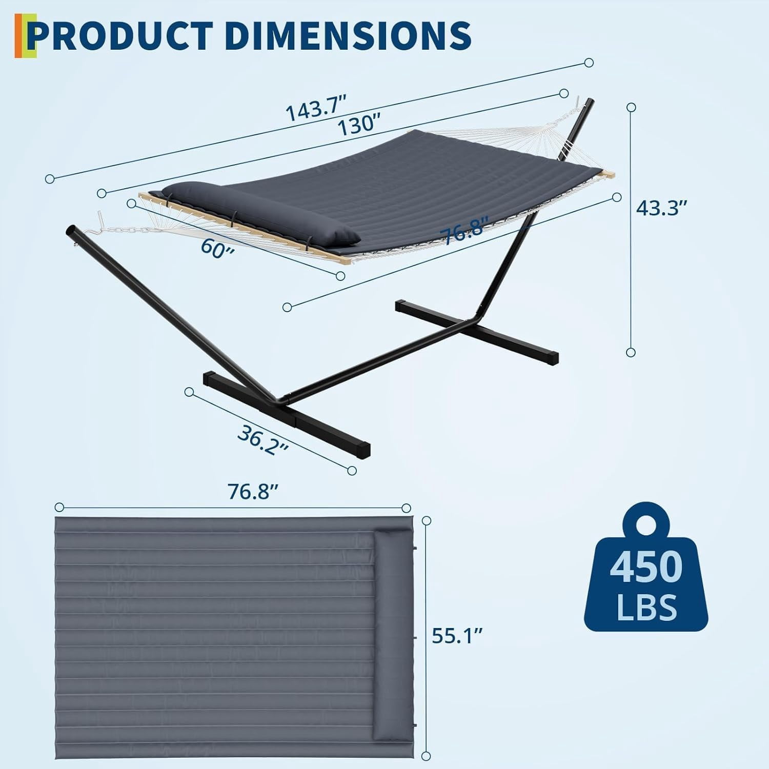 Aoile Double Hammock with Foldable Steel Stand, 2-Person Outdoor Hammock with Pillow, 450LB Capacity, for Garden & Camping