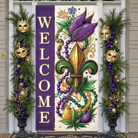 Purple Green Gold Mardi Gras Banner Fleur de Lis Pattern Welcome Display Beaded Decor Ornate Design Festive Backdrop for Mardi Gras Party Carnival Celebration Welcome Event