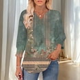 thumbnail image 5 of JTZGDY Floral Tops for Women Boho Printed Summer 3/4 Lenght Sleeve V Neck Graphic Tunic T-Shirts Loose Fit Dressy Casual Western Shirts with Smoked Cuff Sleeves Green#02 L, 5 of 8