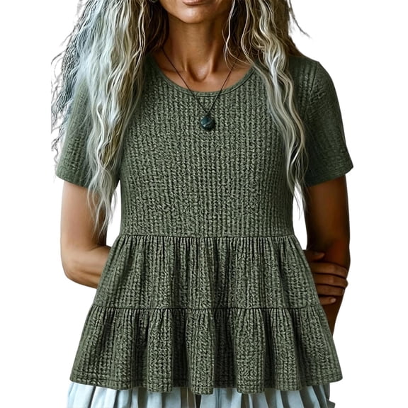 CYMMPU Women's Crew Neck Short Sleeve Peplum Tunic Top with Gathered Hem, Solid Color Fashion Blouse, Versatile Casual Apparel for Summer & Fall Seasons Green L