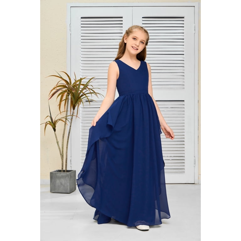Chiffon Junior Bridesmaid Dress Floor Length V Neck with Belt Flower Girl  Dress for Teen Girls Elegant Party Dress (6 -7Years - Walmart.com