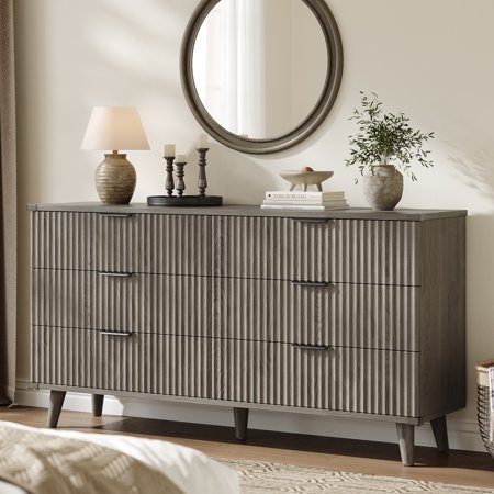Laintene 6 Drawer Dresser for Bedroom 53 Wide Dressers & Chest of Drawers Boho Fluted Dresser with Wave Panel Design Modern Storage Dressers Organizer for Living Room Dark Grey Oak