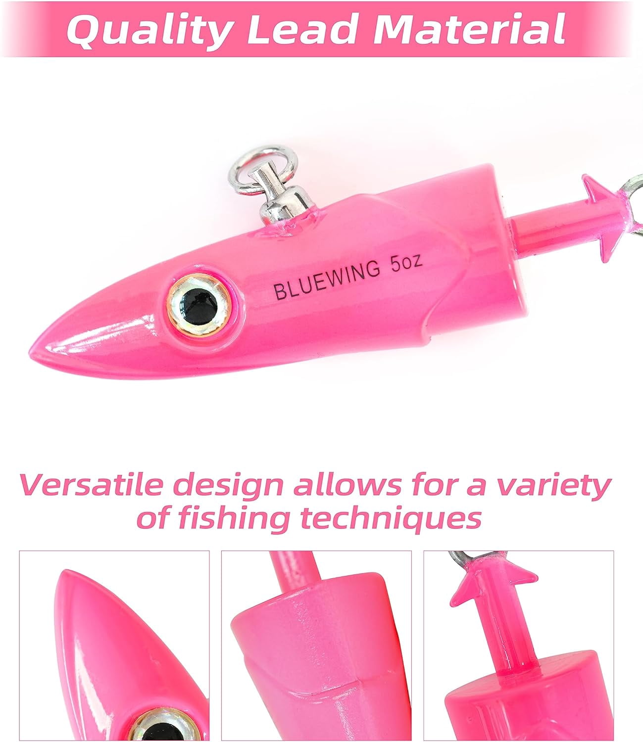 BLUEWING Big Game Jig Head with High Strength Stainless Steel Ball Bearing Swivel and High Carbon Steel Hook 1pc Saltwater Fishing Lures Lead Head Fishing Jig, Pink 7oz