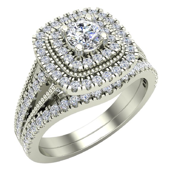 Round Cut Cushion Shape Double Halo Vintage Diamond Wedding Ring Set 0.80 Carat Total Weight 14K White Gold