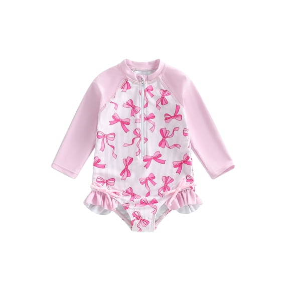 BemeyourBBs Toddler Baby Girl Bow Swimsuit Infant Girl Bathing Suit One Piece Swimsuits Long Sleeve Rash Guard Swimwear Zipper Summer Beach Wear
