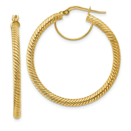 Primal Gold 14 Karat Yellow Gold 3x30mm Twisted Round Hoop Earrings