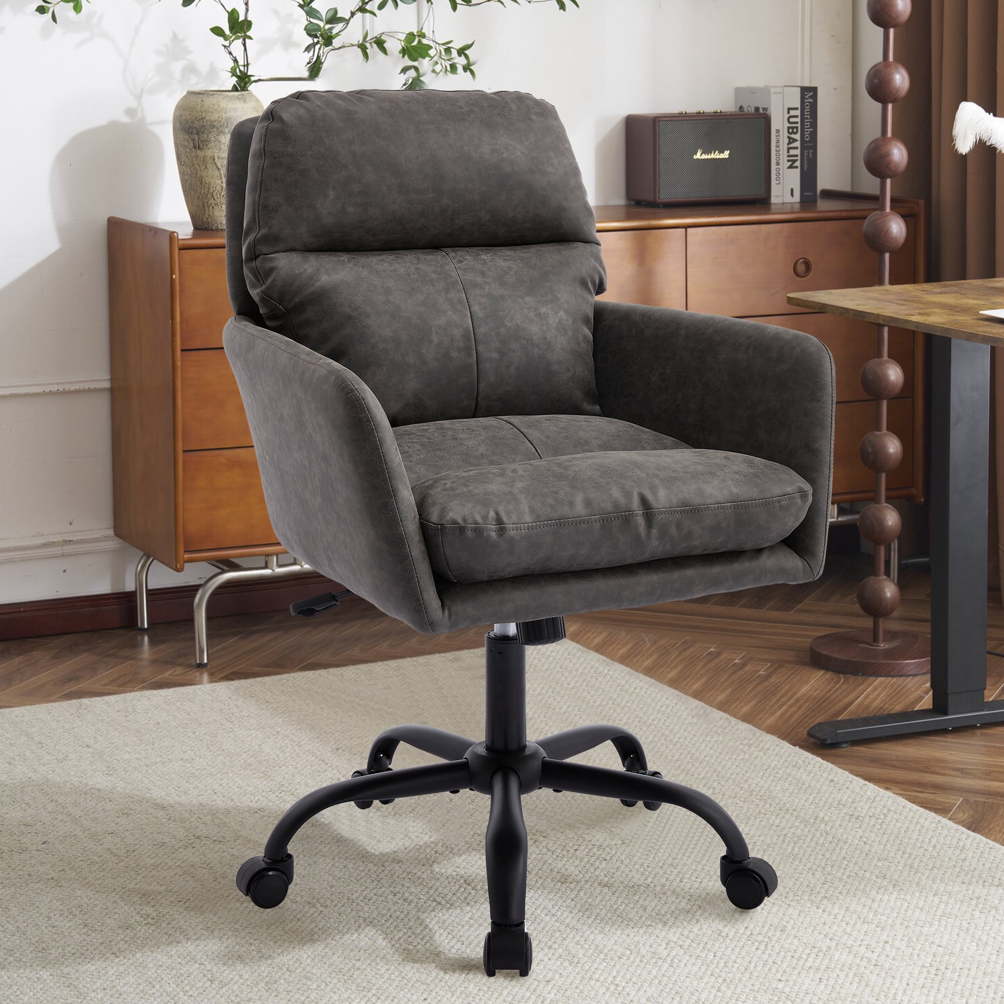 Ergonomic Executive Office Chair with High Back and Lumbar Support, Adjustable Height PU Leather Desk Chair, Swivel Rolling Computer Chair with Armrests for Home Office, Gray
