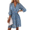 thumbnail image 1 of Robes pour Femmes Manches Bouffantes Imprimé Floral Taille Froncée Col en V Boho, 1 of 5