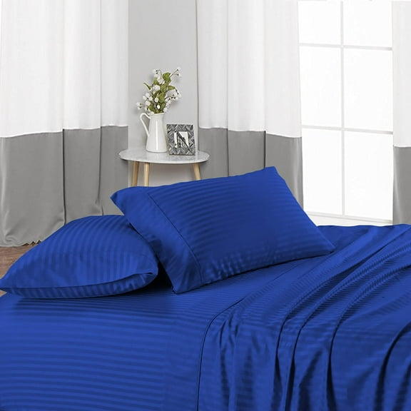 Bed Sheet Set 4 Piece - 100% Premium Bamboo, Breatheable & Cotton Sheet Sets 12" Deep Pocket, Ultra Soft Pure Organic Bedding Sets for Home - Royal Blue Stripe, Queen Size.