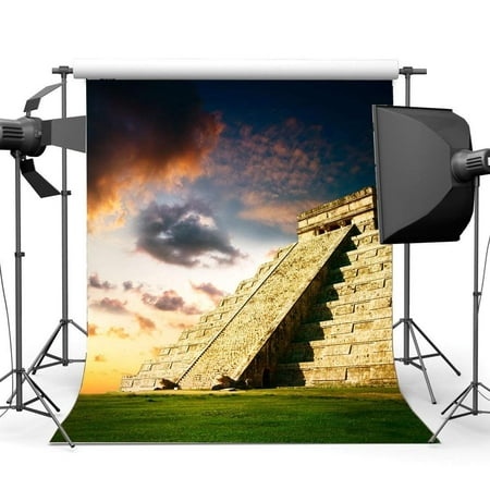 Image of ABPHOTO Polyester 5x7ft Pyramid Backdrop Ancient Egyptian Backdrops Green Grass Meadow Blue Sky White Cloud Culture Historical Photography Background for Kids Baby Journey Photo Studio Props