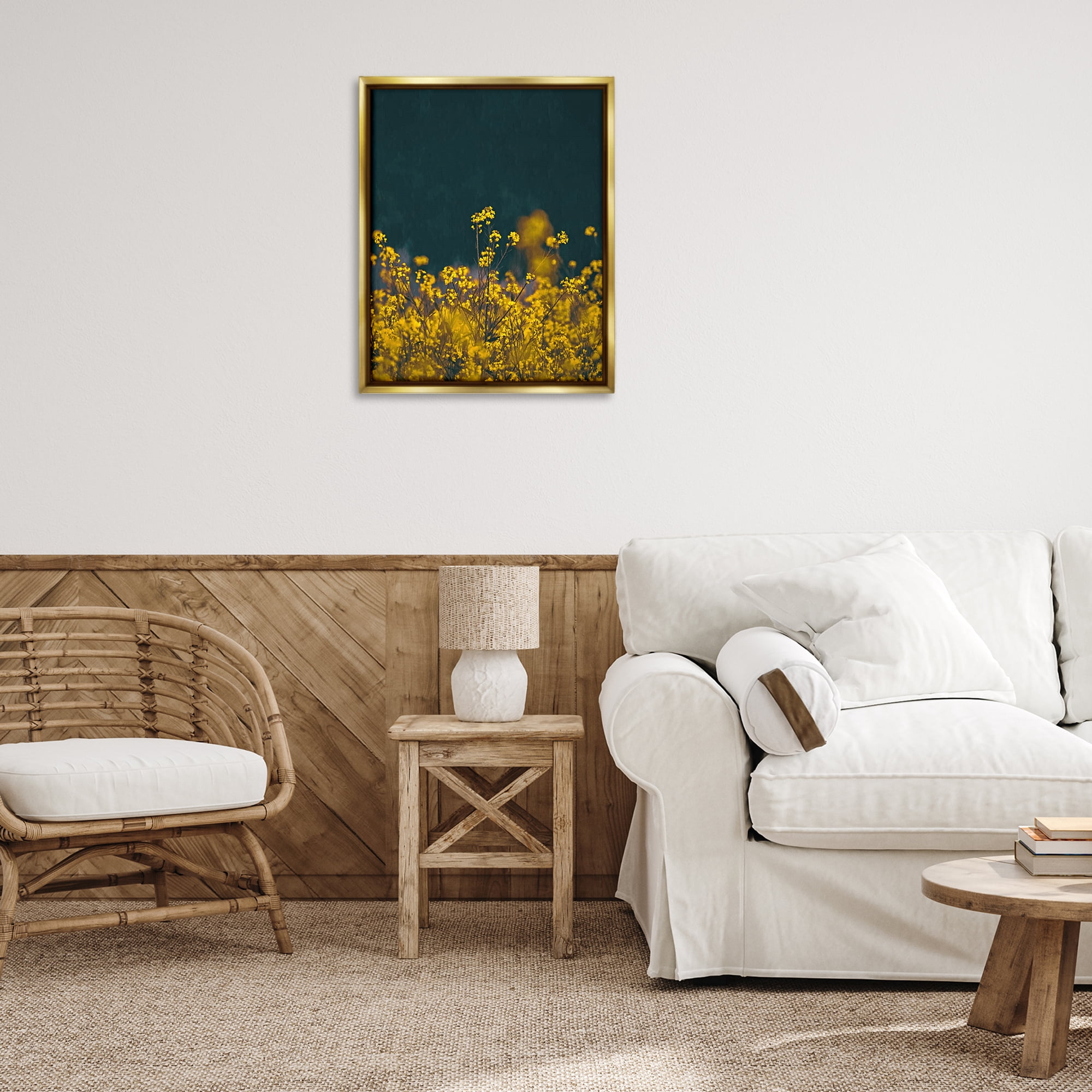 Stupell Industries Marigold Meadow Flowers Plants & Flowers Photography Gold Floater Framed Canvas Art Print Wall Art, 25 x 31