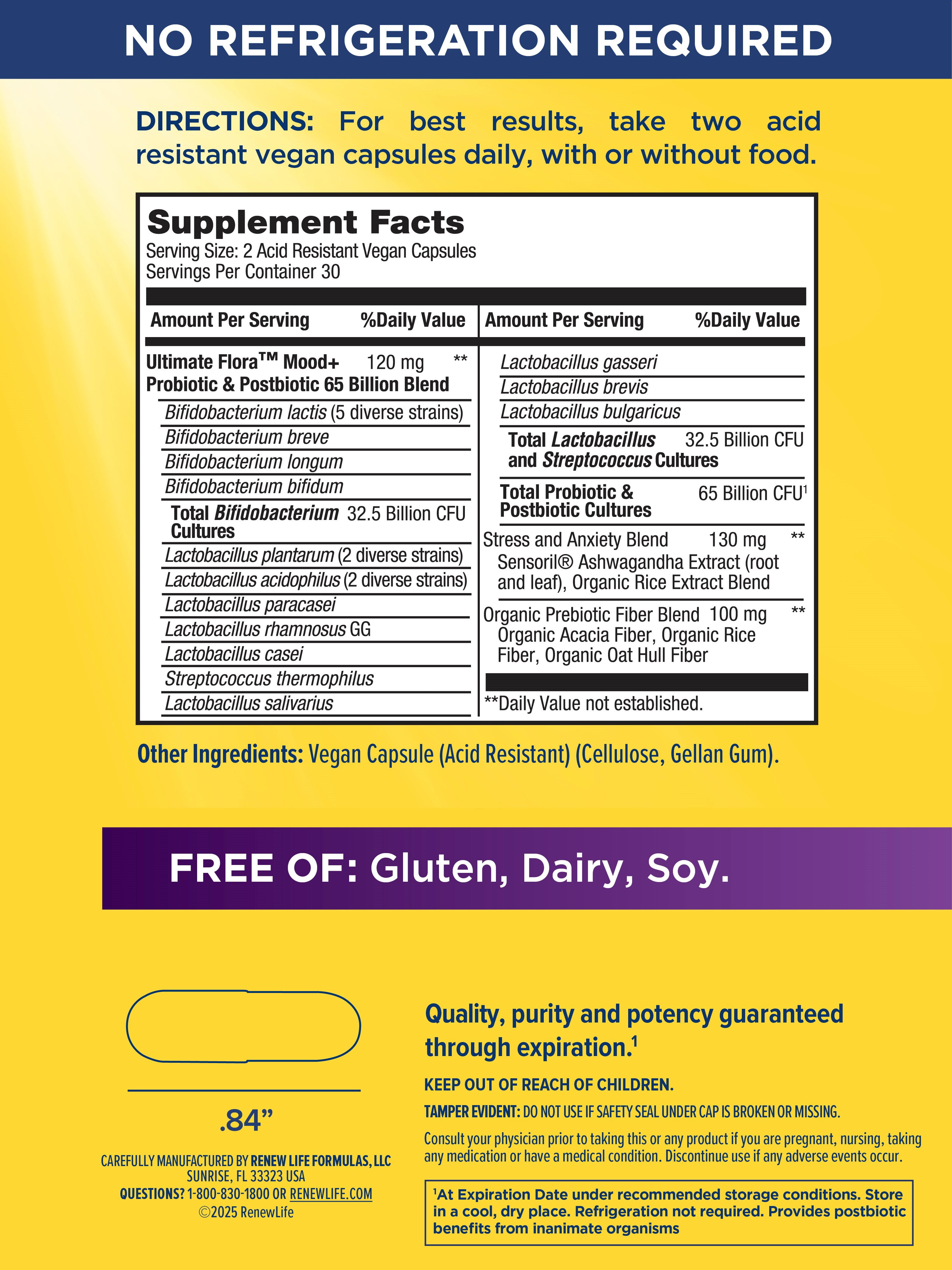 Ultimate Flora Probiotics Daily Mood Support | 65 Billion CFU | 60 Delayed Release Vegan Capsules with Ashwagandha | by Renew Life