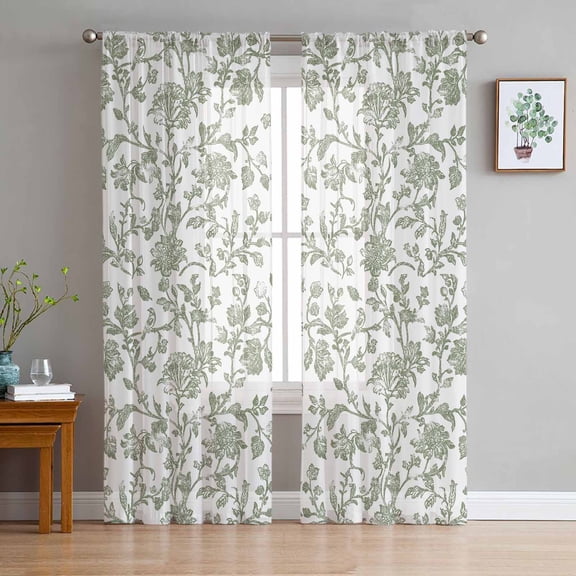 Sage Green Flower Sheer Curtains 84 Inch Length 2 Panels Set for Living Room/Bedroom, Vintage Farmhouse Boho Leaf Spring Curtain Sheers Drapes Rod Pocket Curtains Window Treatment Set 52''x84''x2