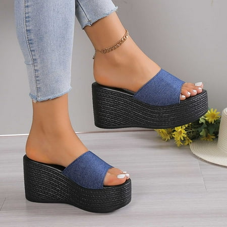 

Jacenvly 2024 New Women s Summer New Large Size Thick Sole Wedge Heel Solid Color Denim Casual Women s Slippers Dark Blue Sandals for Women Clearance