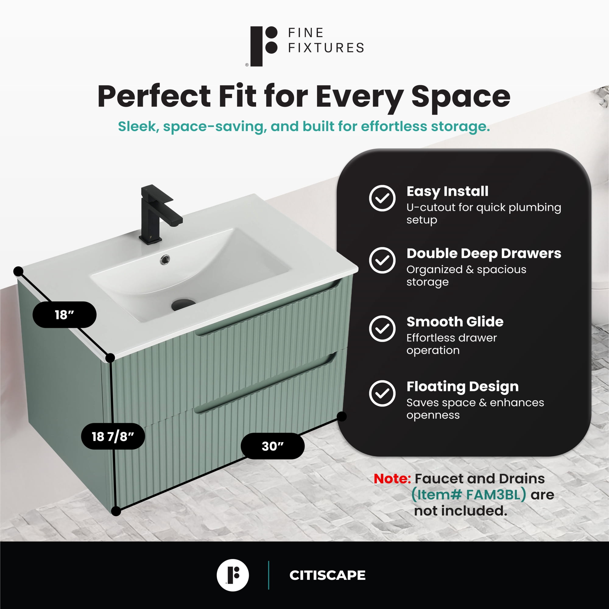 Citiscape Modern Bathroom Vanity with Textured Drawer Fronts 30" Wide - Mint Green - Sink Included