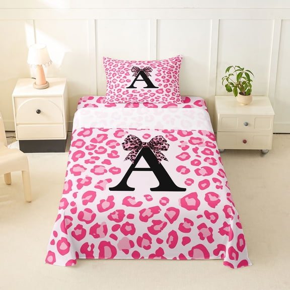 Feelyou Pink Leopard Letter A Twin Sheets for Girls, Fashion Cheetah Print Bow Bedding, 3-Piece, 1 Flat Sheet, 1 Fitted Sheet and 1 Pillowcase