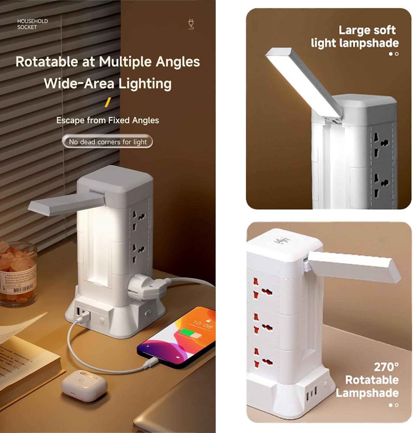 Samovi Power Strip Tower with Night Light & Wireless Charger, 9 AC Outlets, 2 USB + 1 Type-C Port, 6.6ft Extension Cord for Home Office Dorm Room, White