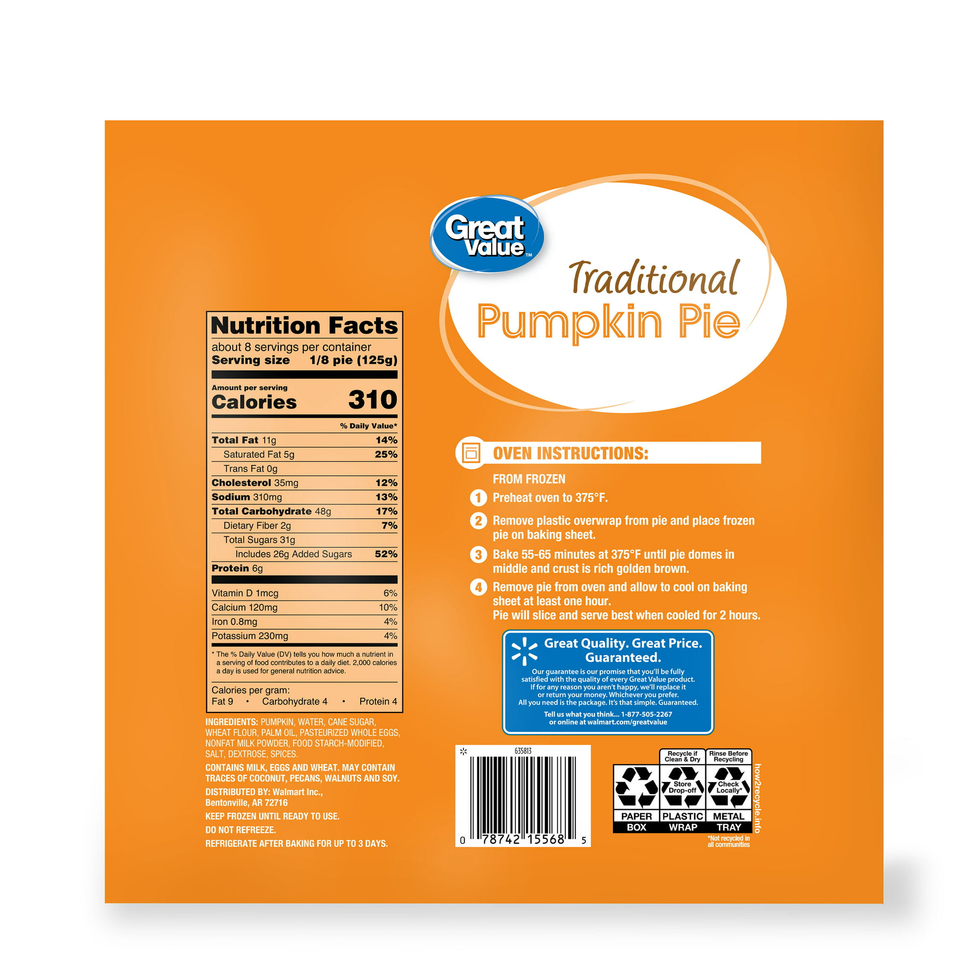 Great Value Traditional Pumpkin Pie, 36 oz (Frozen)