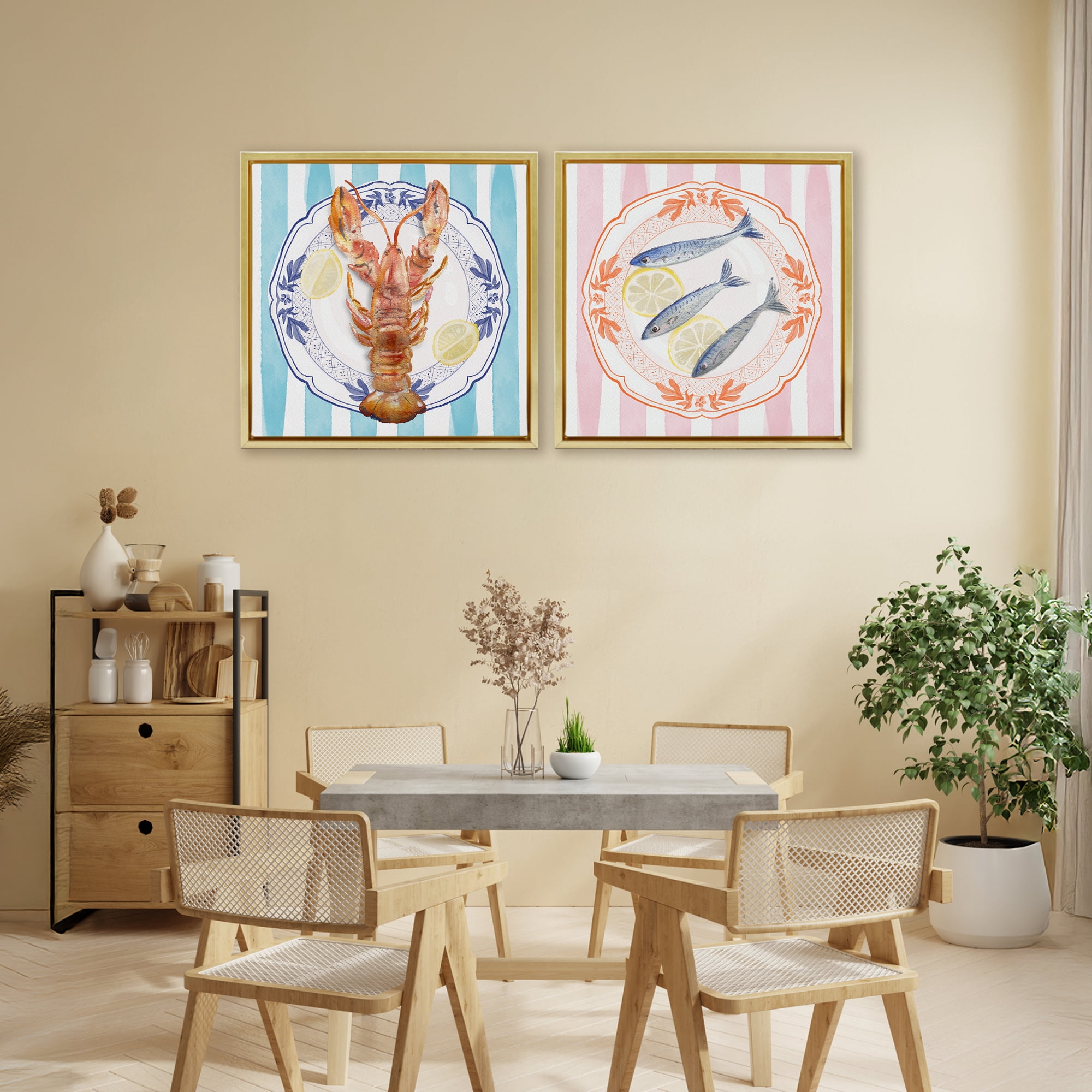 Stupell Industries Lobster & Sardines Plates 2 Piece Gold Framed Floater Canvas Set, design by Christie Adams