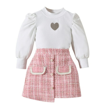 

Toddler Kids Baby Girls Long Sleeve Puff Sleeve Ribbed T Shirt Tops Button Plaid Skirts 2PCS Princess Outfits Clothes Set Baby Costume Baby Girl Fall Skirt Set Toddler Halloween Costume