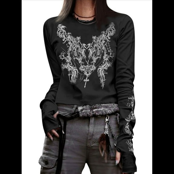 Graphic Tees for Women Teen Girls Aesthetic Grunge Gothic Clothes Y2k Shirt Knit Basic Long Sleeve Top Fall Black S