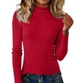thumbnail image 2 of Women's Turtleneck Sweater 2025 Long Sleeve Shirts Fall Trendy Tops Slim Fitted Ribbed Knit Basic Casual Sweater Red M, 2 of 6