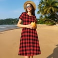 thumbnail image 3 of Ratiio Buffalo Plaid Red Black Print Women's Short Sleeve Dress - Casual A-Line Dress with Side Pockets, Elastic Waist, Comfortable and Breathable Summer Dress, 3 of 8