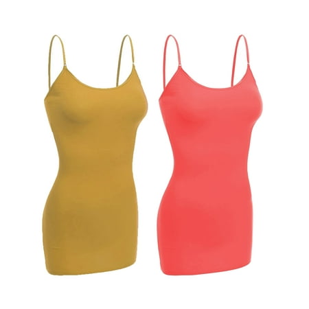 

Essential Basic Women Basic Built In Bra Spaghetti Strap Cami Top Tank - 2 Pk Coral Mustard S