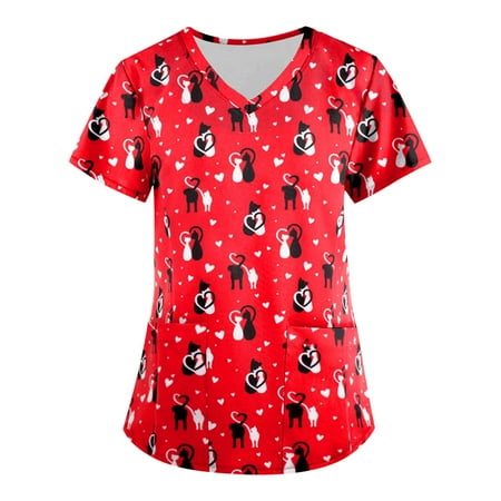 

DNDKILG Women Short Sleeve V Neck Graphic Plus Size Scrub Tops Uniform Pockets Workwear Scrubs Top Red 3XL