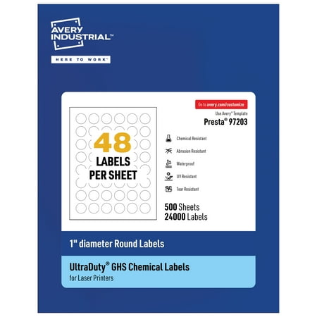 UPC: 0194793901559 | Avery UltraDuty GHS Labels  Waterproof  1 Inch Round Labels  Pack of 24000 White Labels for Use with Laser Printers