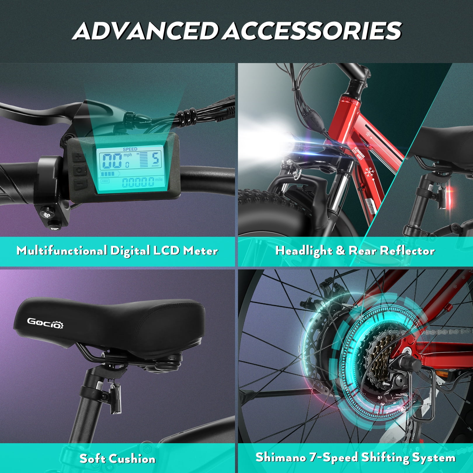 Gocio Peak 1000W 26" Electric Bike, 4" Fat Tire Electric Mountain Bike with 48V 13Ah Battery,Lightweight Aluminum Alloy Frame, Max 19.8Mph E Bike Beach Snow Bike for Adults Men UL2849 Certified