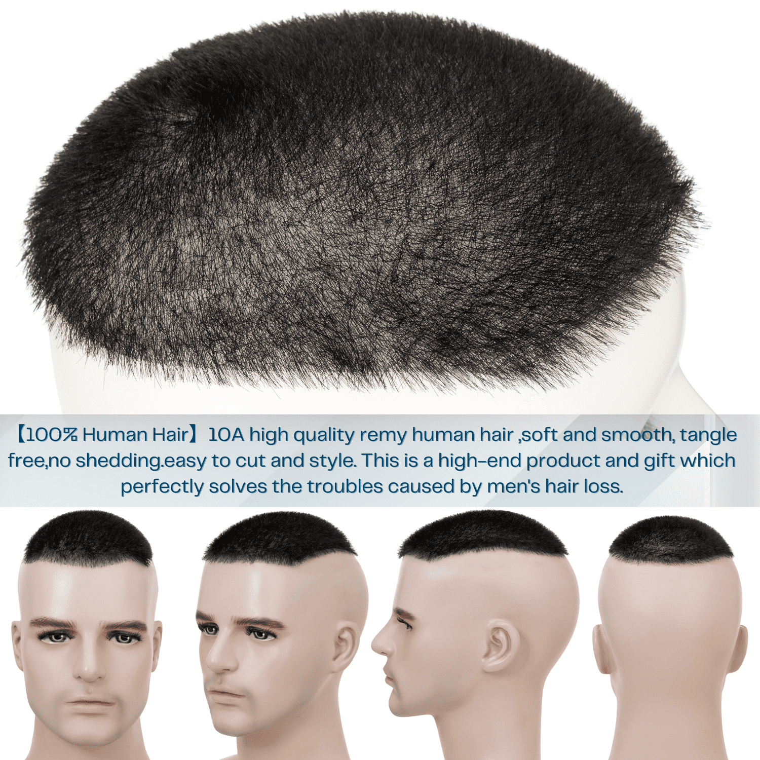 Benehair Poly Skin Thin PU Base Short Toupee Wig Buzz Cut Hairpiece Replacement Systems For Man 100% Remy Real Human Hair Topper Hair Piece 6"*8" Top Piece Natural Black 120% Density with Tape