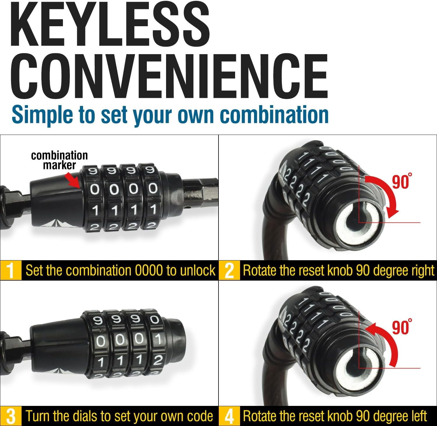 Straight Combination Bike Lock Cable - 3/8 inch (5FT, 10FT, 15FT, 25FT) Resettable Combination Lock, Anti-Theft Security Cable for Bicycles, Kayaks, Paddle Boards and Outdoor Gear (10 FT)