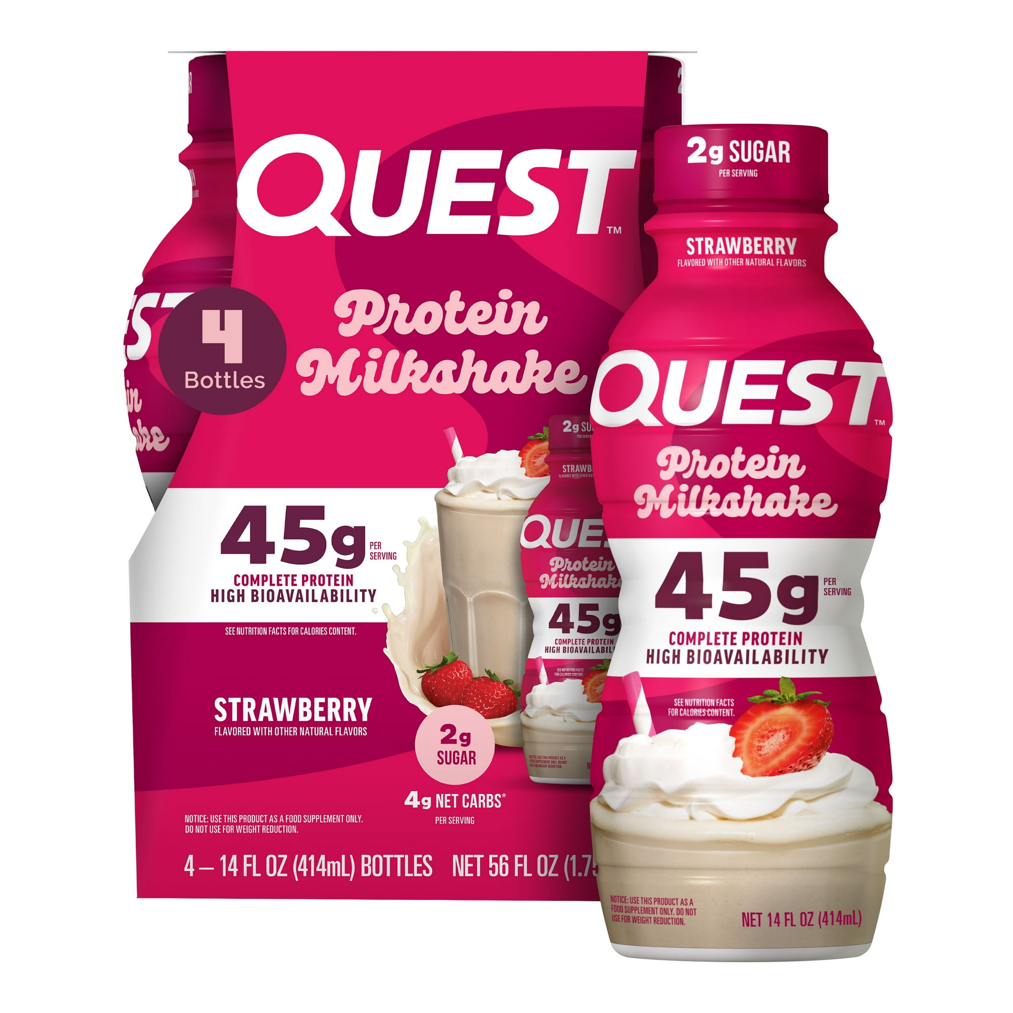 Quest Protein Milkshake, Strawberry Flavor, High Protein, Low Sugar, 14fl oz, 4 Count