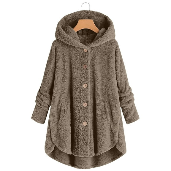 Brnmxoke Hooded Cardigan Fleece Faux Fur Coats for Women Long Teddy Bear Jacket Plus Size Button Up Coat Outerwear