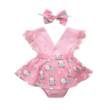

SELONE 2 Pieces 3M-18M Easter Baby Girl Clothes Infant Baby Girls Easter Cartoon Rabbit Printed Lace Romper Bodysuit+Headbands Graphic Bunny Gnomes Easter Eggs Printing Cartoon Sleeveless Pink 100