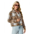 thumbnail image 3 of JWD Women's Cropping Jacket Casual Button Shacket Plaid Long Sleeve Blouses Top with Pocket Brown BlaPJk Pane L, 3 of 5