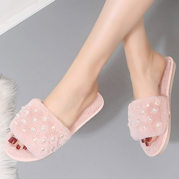 ATENAR Womens Slippers Fleece Wide Shoes Women Fuzzy House Slipper Pink 40