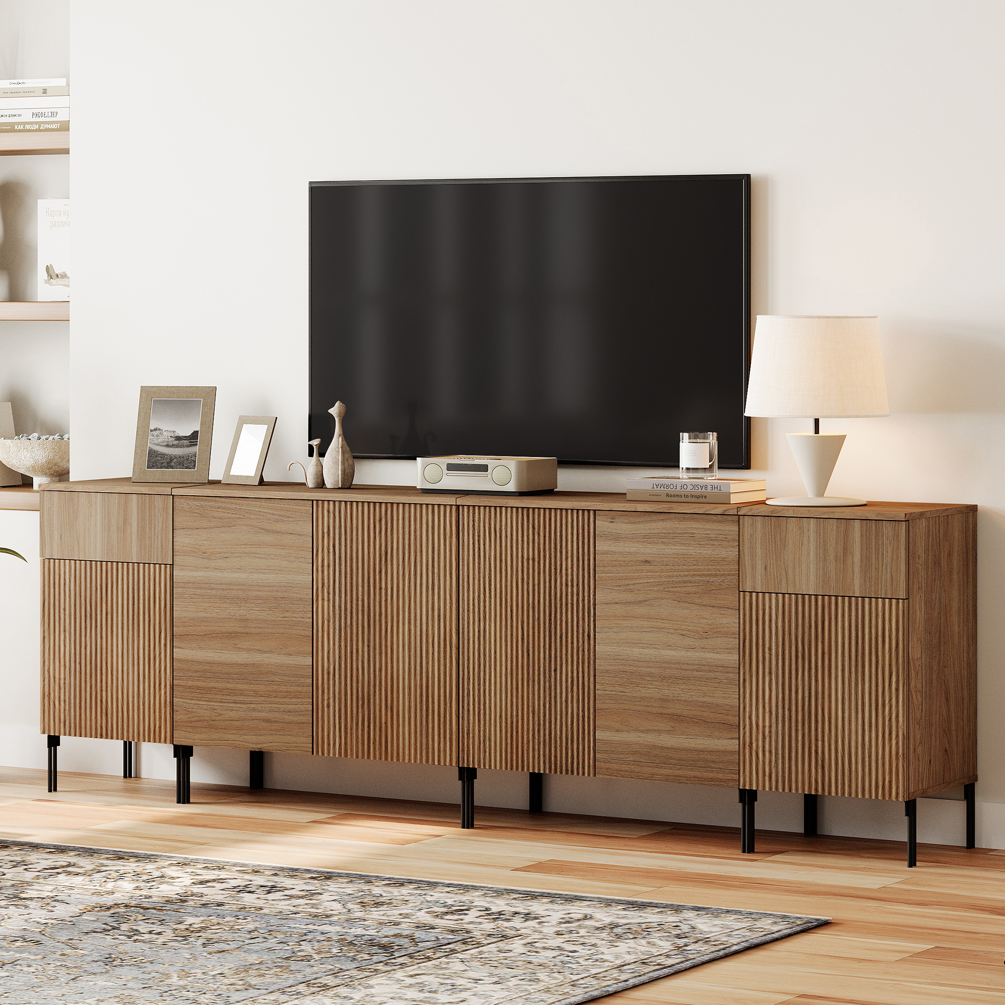 94.5" Modern Reeded Dresser TV Stand for TVs up to 100 Inch, Entertainment Center with Charging Station, Wooden TV Console with Storage for Living Room