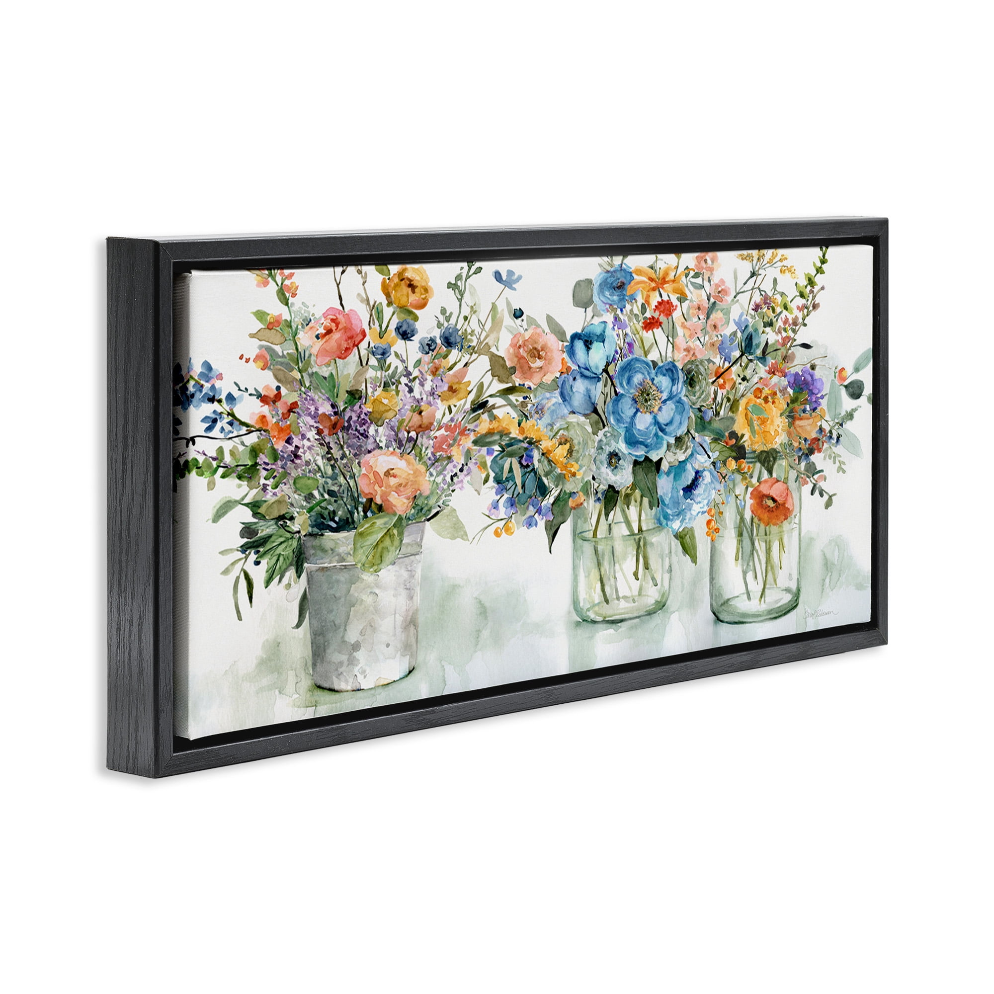 Stupell Industries French Cottage Flower Jars Botanical & Floral Painting Black Floater Framed Canvas Art Print Wall Art, 31 x 14