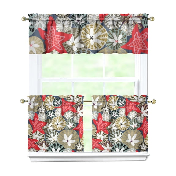 Kitchen Curtains 24 Inch Short - 3 Panel Set, Nautical Starfish Beach Seashell Mermaid Theme, Rod Pocket Window Curtain for Tropical Farmhouse, Easy Wash