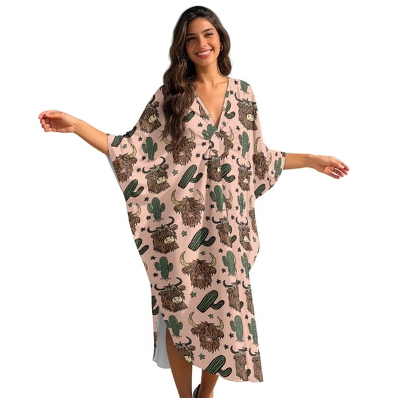 SEANATIVE Caftans for Women Beach Cover Up Swimsuit Coverups Swimwear Kaftan Caftans Plus Size Batwing Sleeve Swimsuit Coverup V Neck Summer Beach Dress, Highland Cow Cactus Pattern