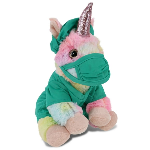 DolliBu Rainbow Unicorn Doctor Plush Toy - Super Soft Unicorn Doctor Stuffed Animal Dress Up with Cute Scrub Uniform and Cap Outfit - Fluffy Doctor Rainbow Unicorn Toy Plush Gift - 9 Inches