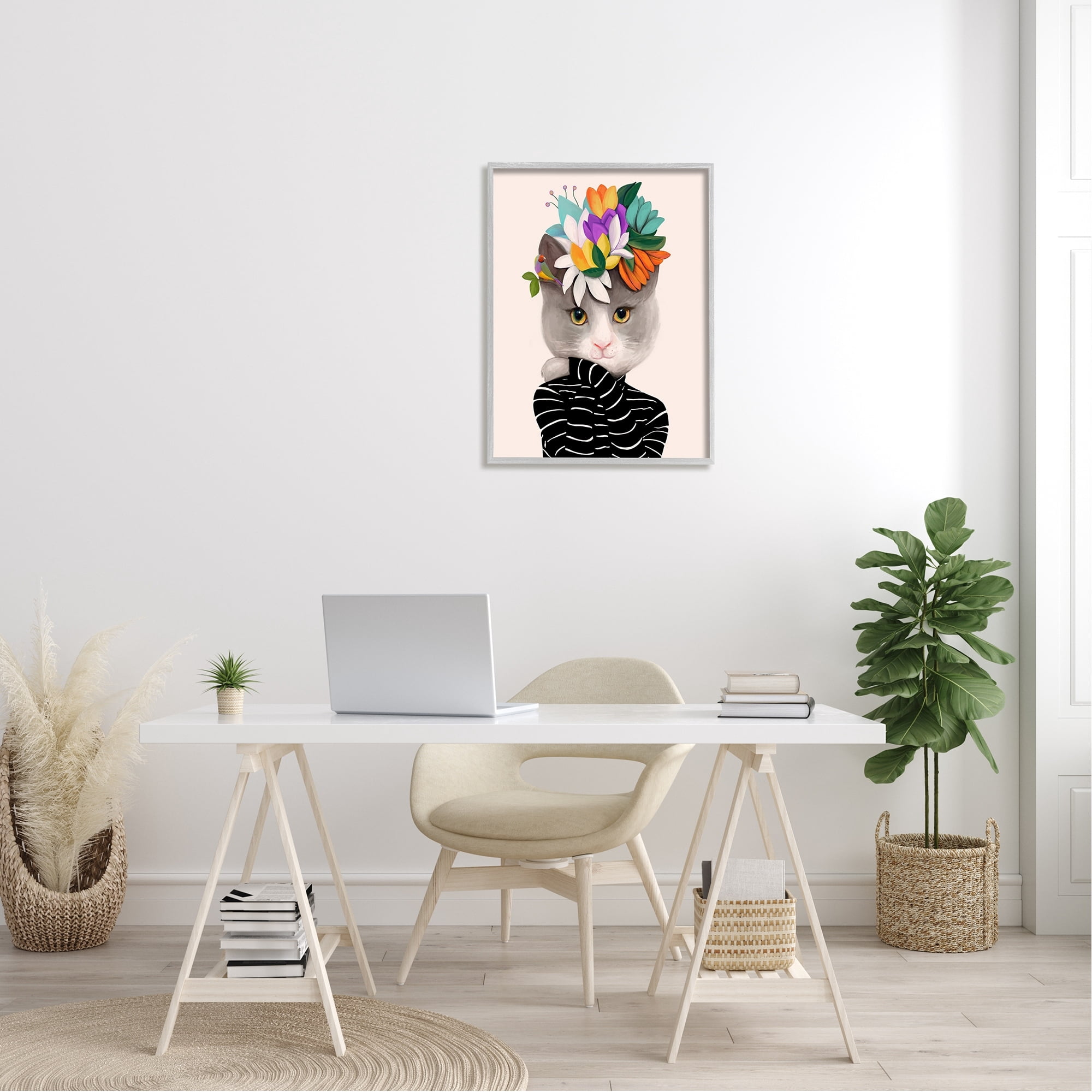 Stupell Industries Bold Floral Design Grey Cat Striped Sweater Framed Wall Art, 24 x 30, Design by Ioana Horvat