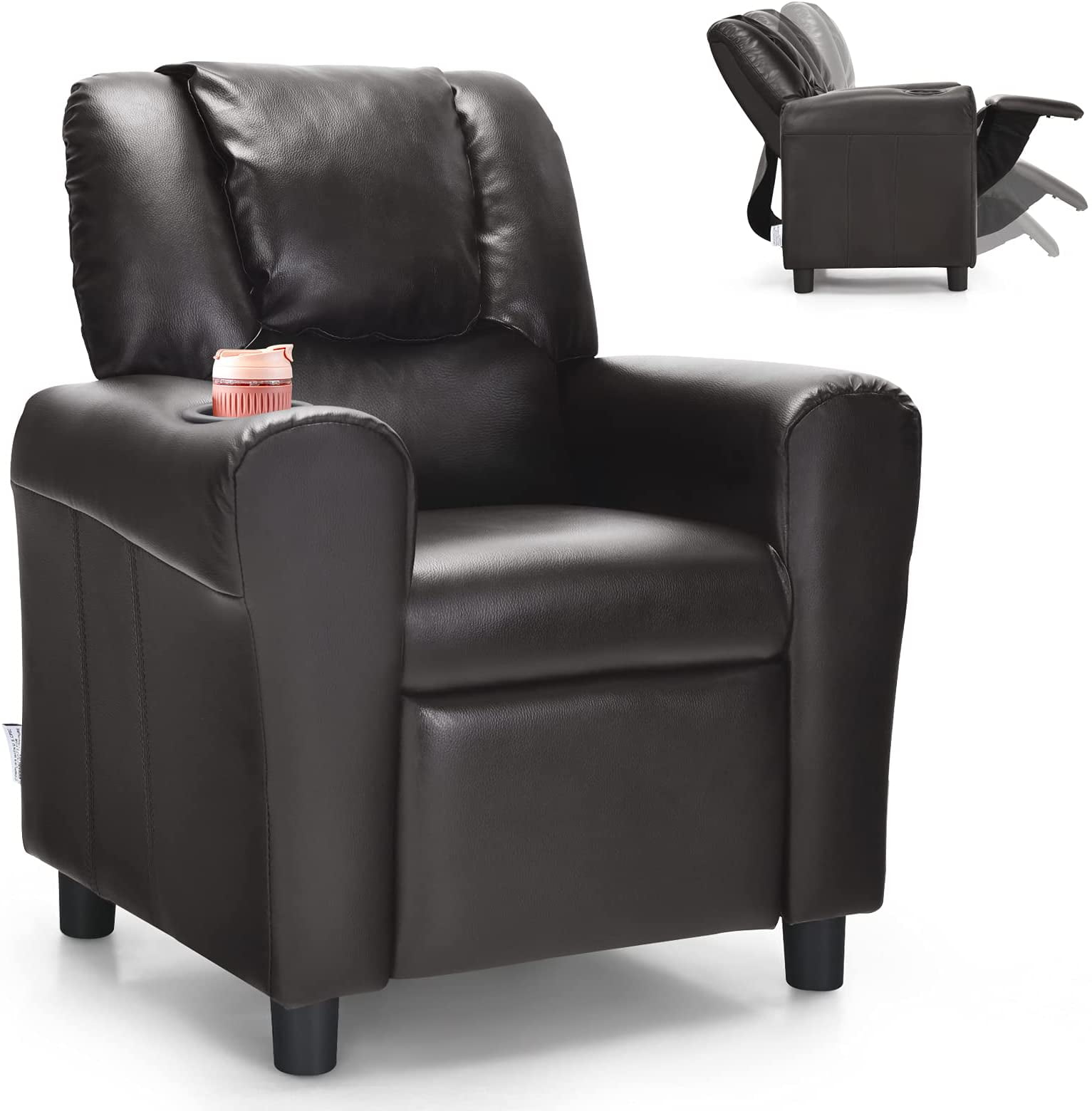 Kids Recliner with Cup Holder Brown Leather Sofa Chair Recliners Chairs for Children 