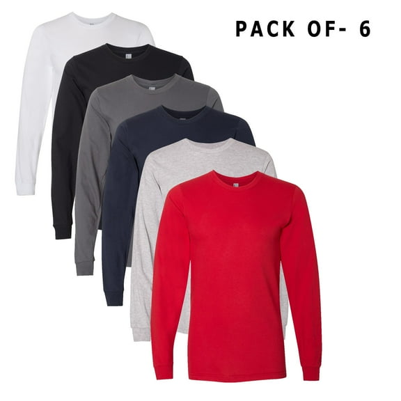 American Apparel - Fine Jersey Long Sleeve T-shirt | 4.5oz 100% Combed Ring-Spun Cotton Tee, Assorted color Size-S, Pack of 6